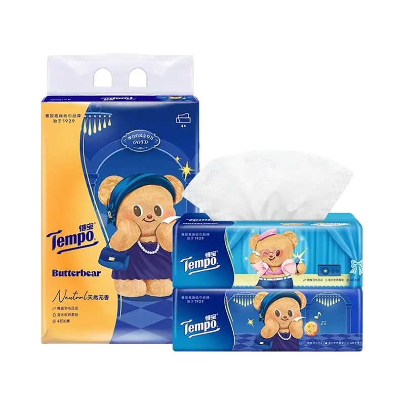 T2025 Tempo Unscented Boxed Facial Tissues (Butter Bear IP) 90 pulls × 4 packs/bundle